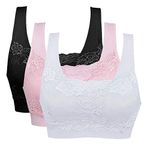 Vertvie Women Lace Sports Bra 3PCS Wireless Seamless Push Up Bra Support Crop Top with Removable Pads Lounge Bra for Yoga Fitness Running Exercise(A- Black+ White+ Pink,S)