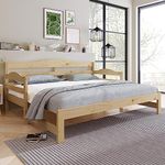 BTM Wooden Daybed with Trundle, Cabin Bed, Single Guest Bed&Sofa Bed, Pull out Trundle Bed for Living Room and Bedroom, 90 x190cm, Natural