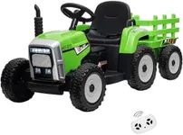 Kids Ride On Tractor with Green Trailer & Remote Control, 12V Toddler Battery Powered Electric Vehicle with Slow Start 7LED Headlights USB Music Player 2+1 Gear Shift, Green Trailer, 35W/ EVA Tire