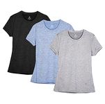 icyzone Women's Workout Running T-Shirt Activewear Yoga Gym Short Sleeve Tops Sports Shirts, 3-Pack (M, Black/Granite/Blue)