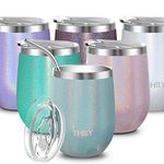 THILY Vacuum Insulated Stemless Wine Glass Stainless Steel 12 oz Wine Tumbler with Spill Proof Lid, Straw, Cute Cup, Keep Cold & Hot for Coffee, Cocktails, Drinks, Glitter Light-Blue