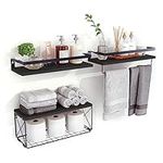 Hoiicco Bathroom Shelves with Wire Storage Basket, Floating Shelves Over Toilet with Towel Bar, Wall Shelves for Bedroom, Living Room, Kitchen and Bathroom Toilet Paper (Carbon Black)