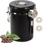 VANANA 1.8L Coffee Canister Airtight Coffee Storage Container Stainless Steel Air Tight Coffee Jar with Scoop, Date Tracker, 2 Extra Valve Filters for Beans Ground Tea Flour Sugar (Black)