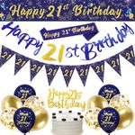 21st Birthday Decorations for Men,Navy Blue Gold 21st Birthday Party Decorations Include Happy 21st Birthday Banner,Triangle Flag Banner and Confetti Latex Balloons (21st Birthday)