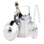 DOERDO Stainless Steel Ice Bucket Set Portable Double Wall Insulated with Lid Strainer and Tongs, for Kitchen Picnic Party, 7.8x5.5inch