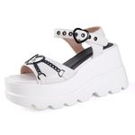 Gothniero women black platform sandals goth chunky wedge heel summer sandals girls gothic platform sandals for women metallic spider buckles slides size 5.5-11, White, 6