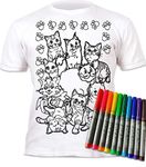 Splat Planet Color-in Cats T-Shirt with 6 Non-Toxic Washable Magic Pens - Color-in and Wash Out T-Shirt (3-4 Years) White