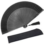 OMyTea Folding Hand Fan for Women - Foldable Chinese Japanese Vintage Bamboo Silk Fan - for Hot Flash, Church, EDM, Music Festival, Party, Dance, Performance, Decoration, Gift (Sexy Black - Solid)