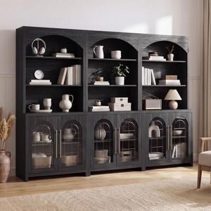 JINVICJIASI 70" Tall Arched Bookcases with Glass Doors, Set of 3, Dark Gray