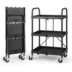 GiantexUK 3-Tier Folding Tool Trolley, Metal Frame Service Cart with Wheels, Tool Grooves & Handles, Heavy Duty Rolling Utility Storage Cart Trolley for Home, Office, Garage, Warehouse and Workshop