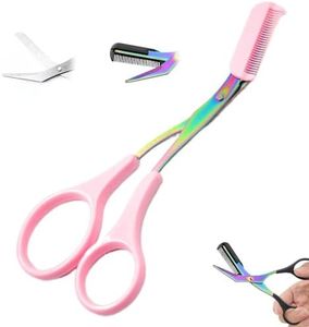 Eyebrow Trimmer Scissor, 2 in 1 Eyebrow Scissors with Comb Stainless Steel Professional Eyebrow Trimmer, Eyebrow Cutter Hair Removal Eyebrow Scissors Makeup Tool for Men Women (Pink)