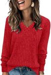 SAMPEEL Long Sleeve Shirts for Women V Neck Basic Fall Tops Winter Christmas Sweater Valentine's Day Outfits 2024 Red L