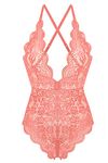 Donnalla Women's One Piece Teddy Plunging Lace Bodysuit Elegant Honeymoon Lingerie, Pink, Large