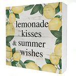 Rustic Lemonade Wooden Box Sign Desk Decor Lemonade Kisses and Summer Wishes Wood Block Plaque Box Sign for Home Living Room Shelf Table Decoration (5 X 5 Inch)