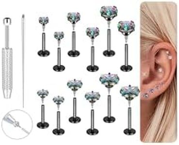 Hypoallergenic Surgical Stainless Steel Internal Thread Tragus Labret Cartilage CZ Stud Piercing Jewelry Helix Cartilage Conch Nose Lip Labret Medusa Piercingenic Be Equipped With Piercing Ball Grabber Tool Flat Back Stud Earrings for Women Men 18G Black