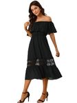 Allegra K Women's Off Shoulder Ruffle Lace Insert High Waist Short Sleeve Flowy Midi Dress Medium Black