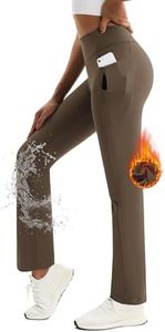 Emlovm Women's Fleece Lined Pants Water Resistant Hiking Yoga Pants High Waist Winter Warm Flare Leggings w Zip Pockets, Caramel, Medium