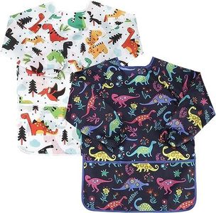 Qtuie Delantal para Pintura 2Pcs Impermeable con Mangas y 3 Bolsillos Tela - Delantal Infantil para Artes y Manualidades de Cocina 3-7 Años (Dino)
