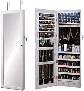 soges Jewelry Cabinet with Full Length Mirror, Lockable Standing Jewelry Armoire Organizer with LED Light, Door Hanging Full Mirror Cabinet Jewelry Chest, with 6 LED Light, White, QH-7025-CA