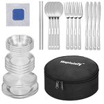 Silverware Set-Camping Mess Kit 28 Pcs Camping Accressories Stainless Steel Camping Dishes Set Dinnerware for 4 Person Utensils Tableware with Plates Bowl Cutlery Gloves Rag