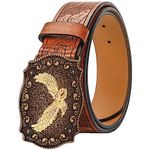 KorhLeoh Western Leather Cowboy Buckle Belt for Men Women Jeans Engraved Floral Eagle Texas Buckle Belt (33-41" waist)