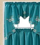 GOHD Cutwork Floral. Kitchen Curtain Set. Swag Valance and Tier Set. Nice Embroidery on Faux Silk Fabric with cutworks. (Turquoise)