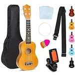 Best Choice Products 21in Acoustic Soprano Basswood Ukulele Starter Kit w/Nylon Carrying Gig Bag, Strap, Colorful Picks, Polishing Cloth, Clip-On Digital Tuner, Extra String - Light Brown
