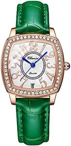 JewelryWe Reloj de Cuarzo para Mujer, Reloj de Mujer Caja Clásica Generosa con Diamantes Completos con Números Grandes, Esfera de Calendario, Correa de Cuero de Vidrio Curvo, Verde