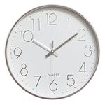 Modern 12" Battery Operated Non-Ticking Silent Sweep Movement Wall Clock Decorative for Office,Kitchen, Living Room, Bedroom, Bathroom Plastic Frame Glass Cover (Silver)