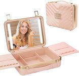 Kalolary Travel Makeup Train Cases with LED Lighted Mirror 3 Color Setting, Makeup Bag Cosmetic Case Organizer Adjustable Brightness Portable Makeup Storage Box For Makeup Brushes Accessories Tools,