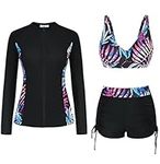 JASAMBAC Rash Guard for Women UV UPF 50+ Long Sleeve Swim Shirts Zip Up Surfing Three Piece Swimsuits with Built in Bra Black Purple Leaves S