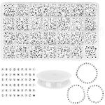 HANDI STITCH 1620 Pack White Plastic A-Z Alphabet Letter Beads with Storage Box - 7mm Round Bead with Black Letters & Crystal Thread - DIY Jewellery Charms for Making Bracelets, Necklaces & Crafts