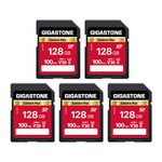 Gigastone 128GB 5-Pack SD Card, Camera Plus, V30 SDXC Memory Card High Speed UHD Video Compatible with Canon Nikon Sony Pentax Kodak Olympus Panasonic Digital Camera, with 5 Mini Cases