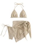 GORGLITTER Women's Swimsuit Halter Triangle Bra Bikini Set 3 Piece Bathing Suit with Beachwear Cover Up Khaki S