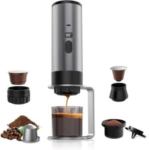 BELLA·BAYS Portable Espresso Maker, 3-in-1 Mini Coffee Machine, Self-Heating Travel Coffee Maker Compatible with Small and Large Capsules Camping for Camping, Hiking, Office & Home Use (Grey)