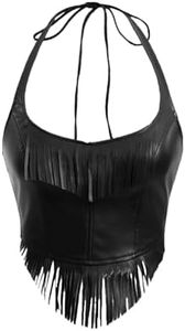 SHENHE Women's Faux Leather Fringe Top Backless Sexy Halter Corset Top Club Night Crop Tops Black Large