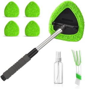 XHFU Windshield Cleaner Tool, Extendable Handle Car Window Cleaner with 4Pcs Reusable Microfiber Pads Auto Inside Glass Cleaning Tools Interior Wiper Cleaning Kit for Truck SUV RV and Home - Green