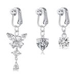 NIUSIMAN 3PCS Fake Belly Button Piercing Silver Clip On Belly Button Piercing Ring Surgical Steel Belly Bars for Women Crystal Heart Ball Pendant Clip On Fake Belly Button Bars Ring Butterfly Long