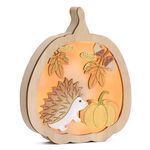 Valery Madelyn Light Up Autumn Decorations, LED Table Ornaments with Hedgehog, Pumpkin abd Strobile, Wooden Autumn Lights for Harvest Halloween Fall Home Decor,15.4x12.5cm