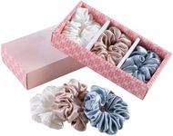 AFIRMLY Hair Scrunchies Mulberry Silk Gift, Set of 3 19Momme Mulberry Silk Hair Bands, Elegant Hair Care and Fashionable Match, Gifts to Women's Tenderness (Cream, Dust Storm, Smoky Blue, 3.5CM)