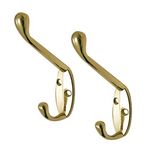 5 x Polished Brass Metal Double Hat & Coat Hooks, Door & Wall Robe Dress Hangers