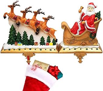 Christmas Extra Large Santa's Sleigh With Reindeer Stocking Holder for Mantle, 2 Piece Set - 13"H, 20"L - Non-Slip Weighted - Detailed Santa & Reindeer - Holiday Decor Winter Decoration Xmas Stockings