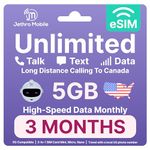 eSIM USA Jethro Mobile 5GB High-Speed Mobile Data, Unlimited Talk/Text/Data with International Calling Plan, Easy Activation, Uses T-Mobile, Prepaid SIM for US Travel (3 Months)