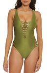 Becca by Rebecca Virtue Women's Standard Color Sheen One Piece Swimsuit, Plunge Neck, Sexy Satin, Bathing Suits, Agave, Small