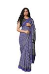 JALTHER Handicrafts Women's Ikat Hand Block Print Jaipuri Cotton Mulmul Saree with Blouse Piece_ShivTop_Blue_18