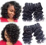 Brazilian Curly Virgin Human Hair Bundles Unprocessed Remy Weave Hair Extensions Jerry Curl Natural Black (8 8 8 8 50g, Deep Wave)