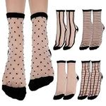 Lusofie 5 Pairs See Through Socks Checkered Dot Striped Plaid Sheer Black Socks Ankle Transparent Mesh Summer Socks for Women Thin Fashion (Style A)