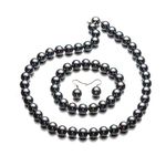 lureme® Fashion Style Pearl Elastic Necklace Bracelet Dangle Earring Set-Black(09000649-5)