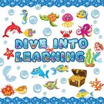 Pajean 83 Pieces Ocean Beach Theme Classroom Bulletin Board Decoration Sets Dive into Learning Sea Animal Jeweled Fish Treasure Box Cutouts for Under The Summer Classroom Wall Decor