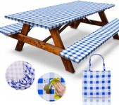 RNOONY 6ft Polyester Picnic Table Cover with Bench Covers and Carrying Bag, Elastic All Around,Windproof and Waterproof Picnic Table Covers with Elastic for Camping RV Gear 72x30 Inches 4Pcs